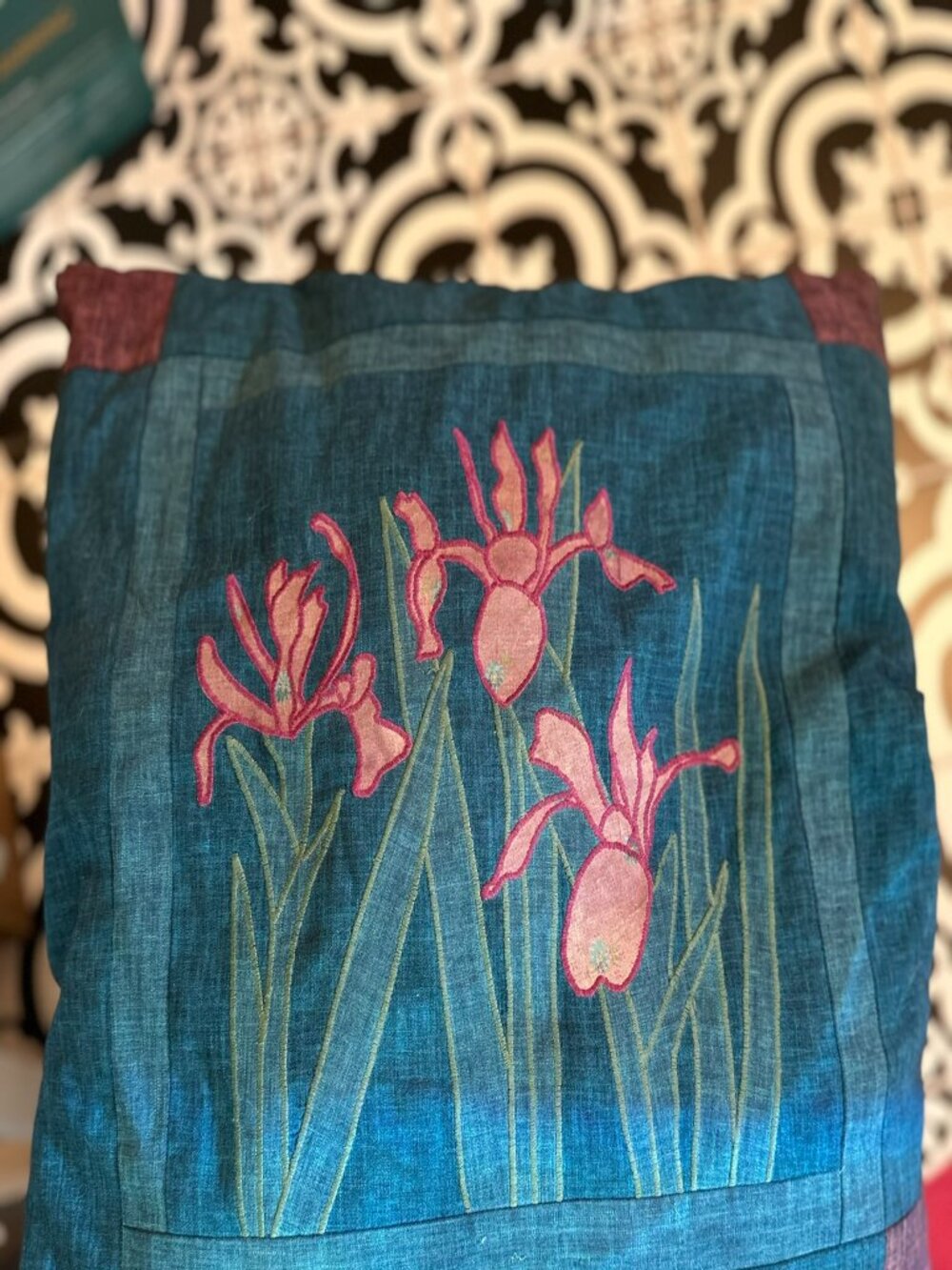 Vintage handmade Appliqued Pillow Aqua/cranberry